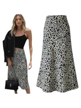 Lovers + Friends Leopard Print Midi Skirt Black Cream A-Line XS